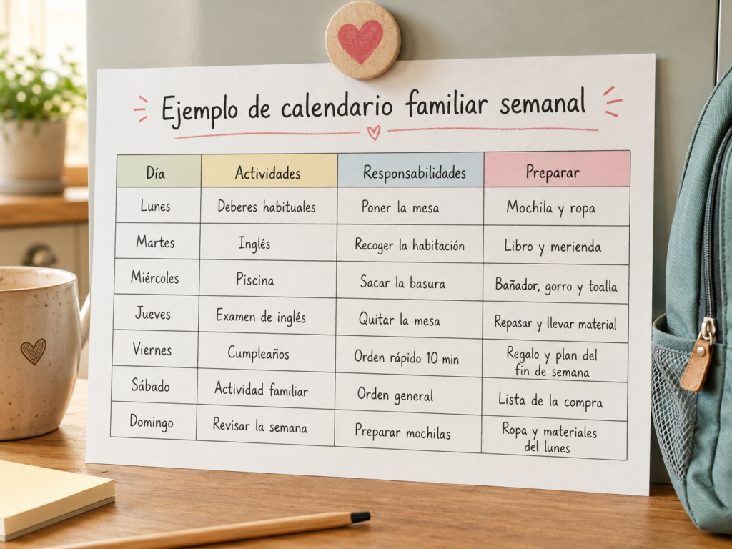 Ejemplo de calendario familiar semanal con actividades, responsabilidades y preparativos.