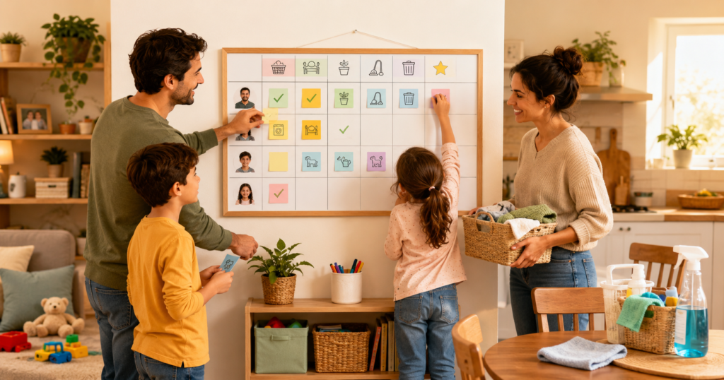 Familia organizando tareas de casa con una pizarra semanal