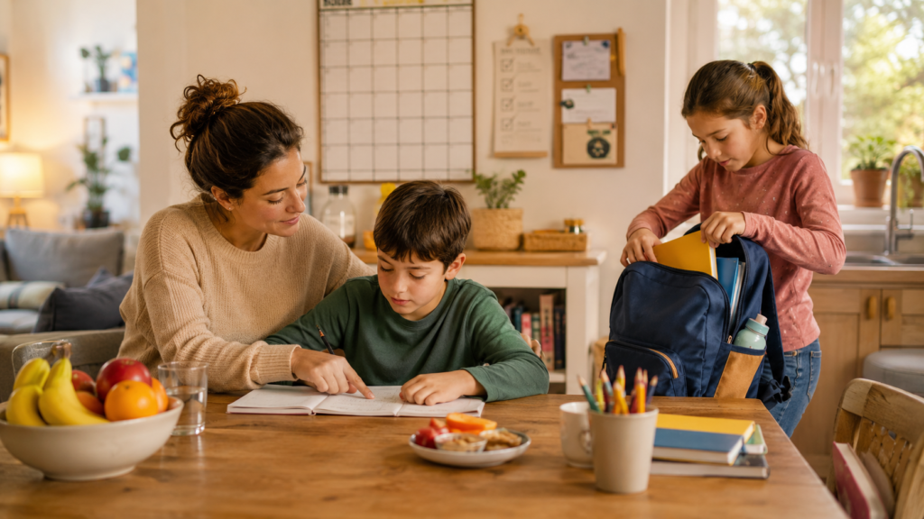 Rutina de tarde con niños después del colegio con deberes y merienda en casa