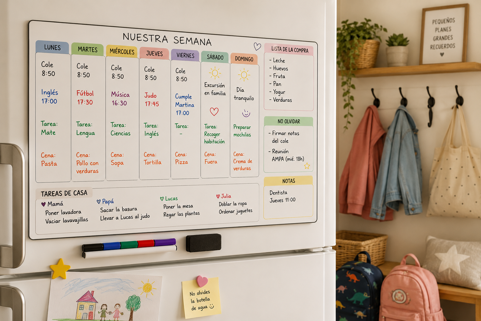 Pizarra semanal familiar para organizar tareas, comidas y extraescolares en casa
