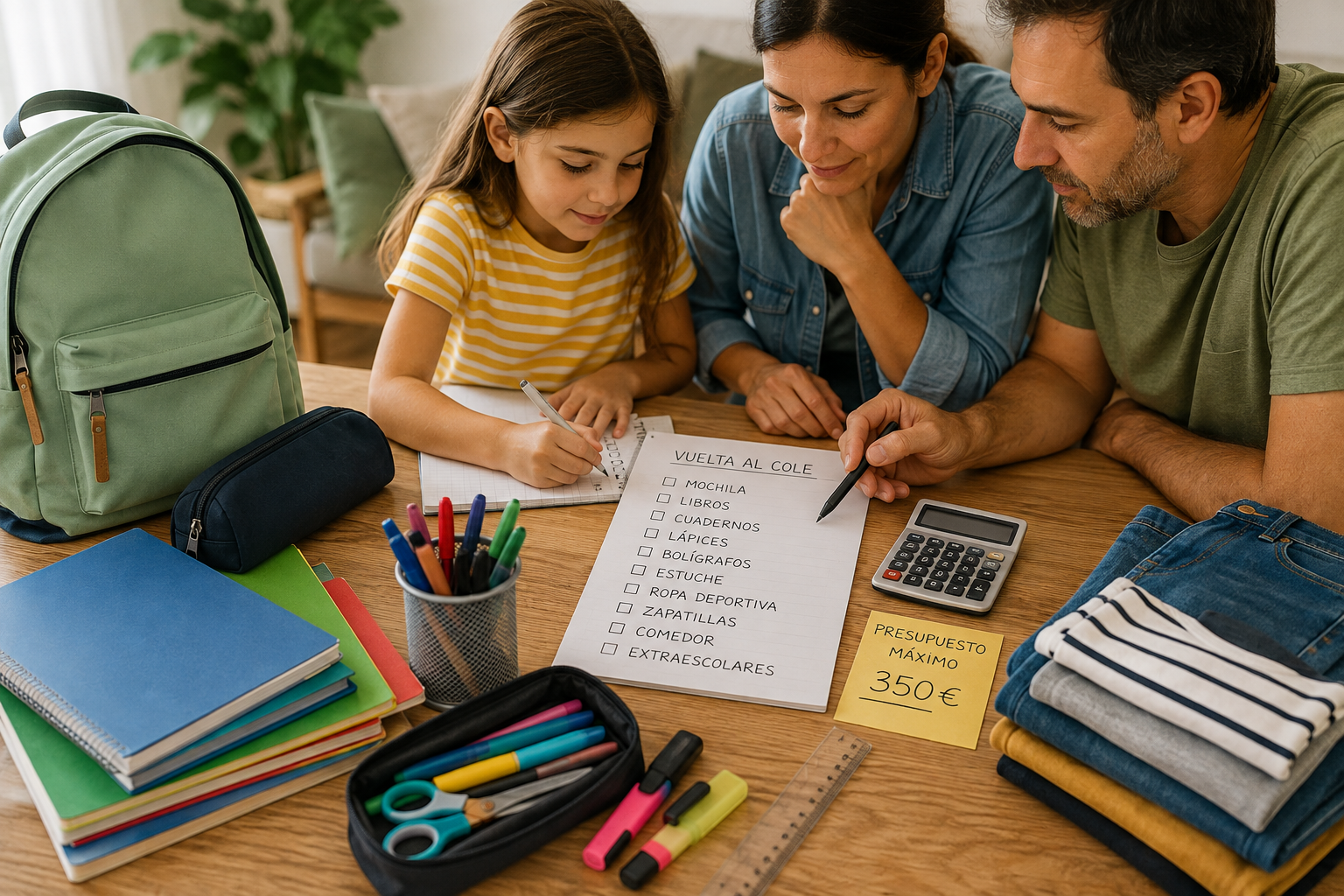 Familia revisando material escolar y presupuesto para ahorrar en la vuelta al cole